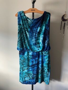 Y2K Vintage Chetta B Abstract Snakeskin Blouson Sheath Midi Dress Blue Size 16
